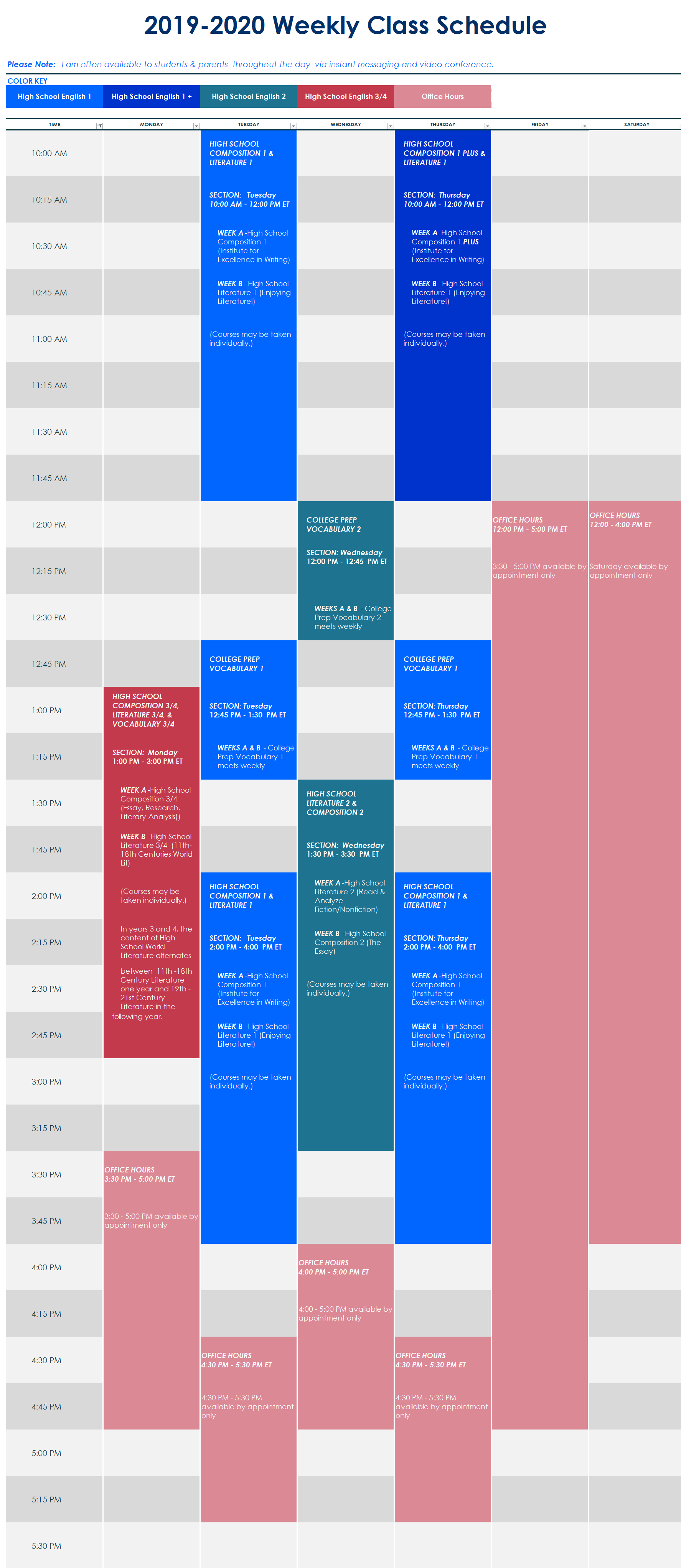 Weekly Class Schedule 2019-2020